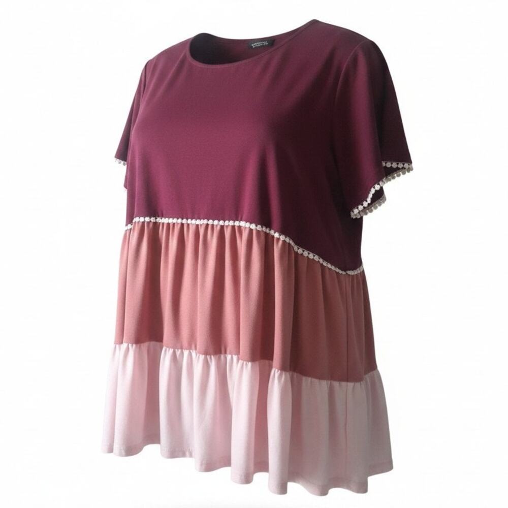 Bloomchic Women Babydoll Ruffle Tiered Short Sleeve Lace Trim T-shirt Size 18-20
